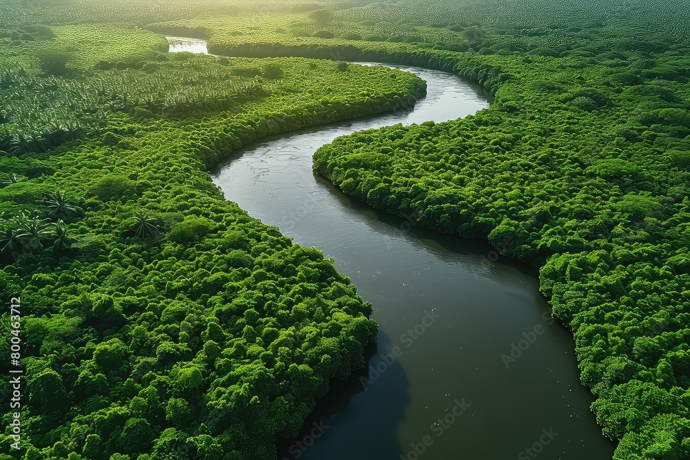 Aerial view of a winding river in a rainforest. The river's twists and turns create a harmonious symphony of nature's design. Aerial view of a winding river in a rainforest. The river's twists and turns create a harmonious symphony of nature's design.