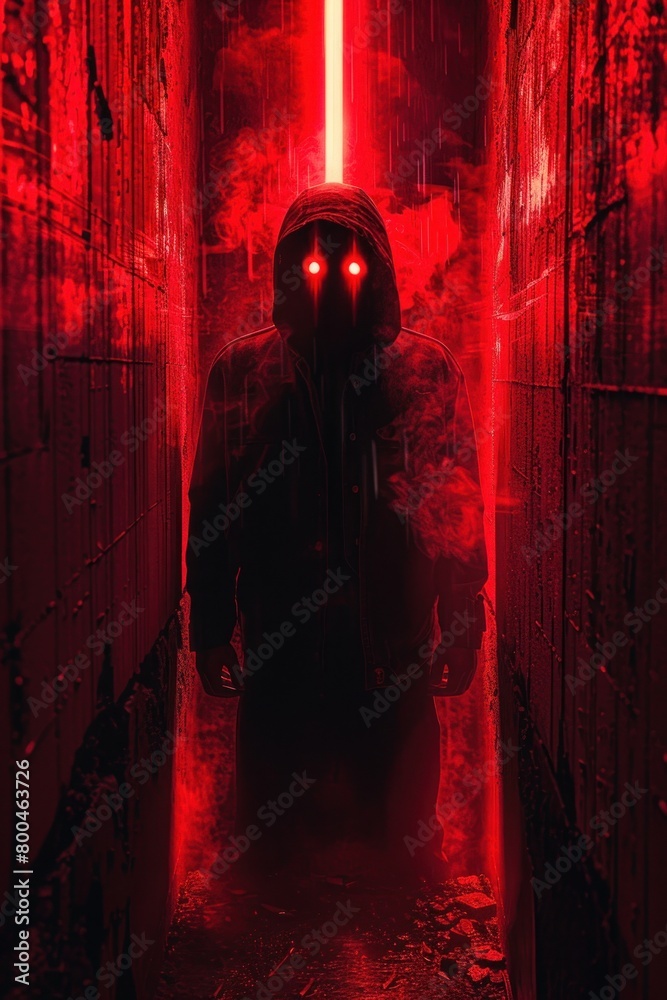 A dark figure with glowing red eyes stands in a red foggy corridor
