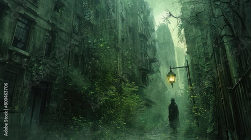 A dark and overgrown city street with a single lamppost. photo