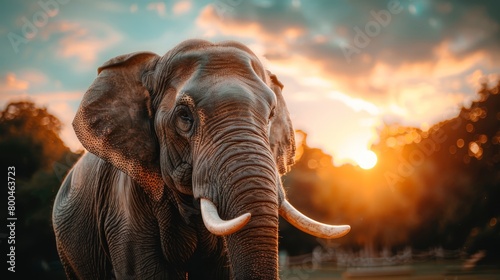  An elephant, with tusks, faces a cloudy sky; sun sets behind Trees in foreground