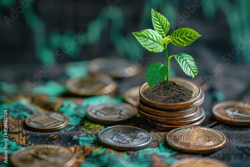 Coins and young sprout - your growing income. A symbol of prosperity and abundance, with a sprout reaching for the sky amidst a sea of coins.