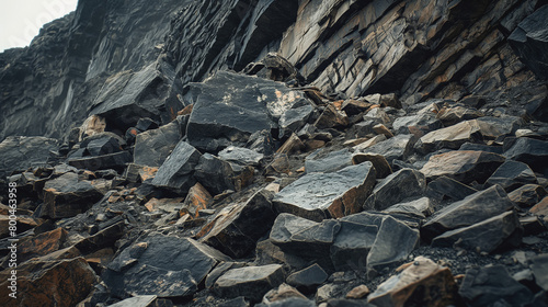 Sharp and jagged rocks creating a rough textured surface against a mountain backdrop