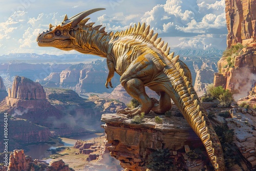 Behold the powerful Spinosaurus adorned in formidable armor, ready for battle in this captivating and unique photograph capturing the essence of strength and ancient majesty. © Roberto