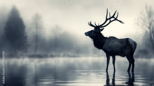   A black-and-white image of a deer poised in a water body  surrounded by trees and shrouded in fog