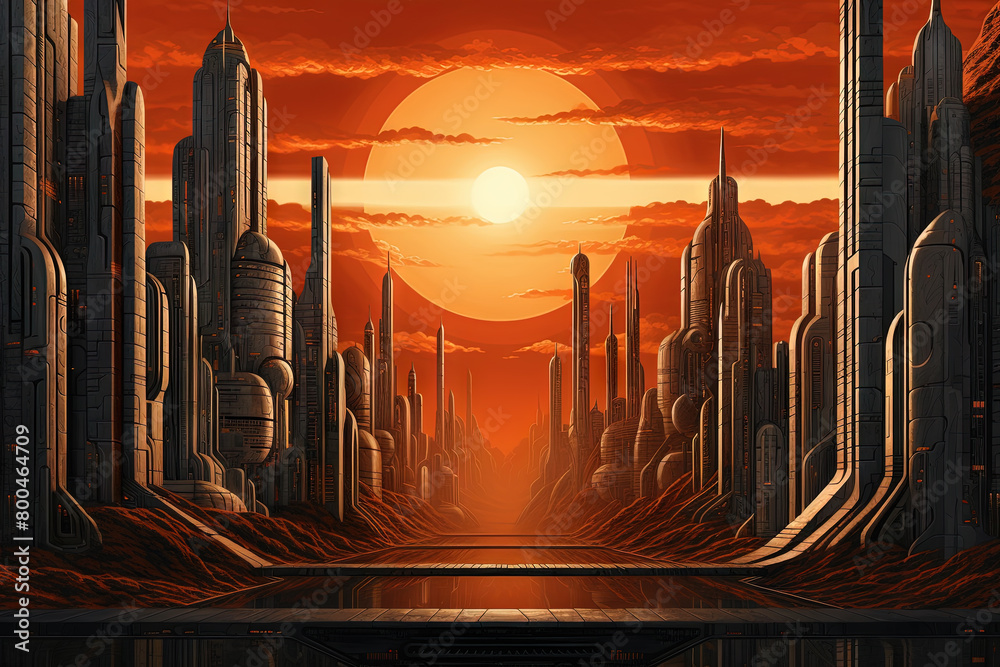 Fototapeta premium Science fiction landscape with futuristic city at orange dusk on the alien planet.