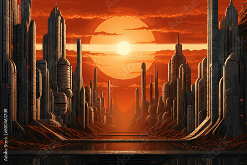 Science fiction landscape with futuristic city at orange dusk on the alien planet. © swillklitch