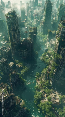 An overgrown and abandoned city, with large buildings and lush vegetation. photo