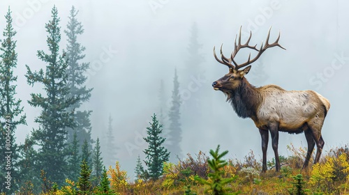  A large elk atop a lush, green hill swathed in fog, surrounded by pine trees Before a forest teeming with tall evergreens