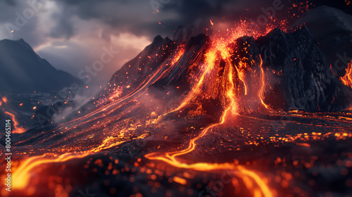 A stunning visual representation of a volcanic eruption showcasing the fiery flow of lava amidst the rugged mountainscape