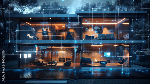 Futuristic smart home interior with digital technology holograms and network connections on a dark background
