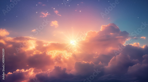 A brilliant sunrise peers through a heavenly display of clouds, signifying hope and a new beginning with a sprinkle of stars photo