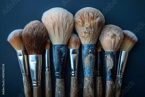 A bundle of fluffy makeup brushes in various shapes and sizes, ready for artistic application. photo