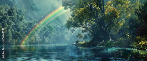 A tranquil riverbank lined with lush vegetation, where a vivid rnbow emerges from behind the trees, casting its iridescent glow upon the water's surface. photo