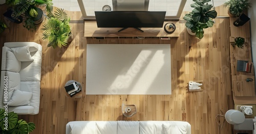 modern living room with a white yoga mat spread out in the middle view from above