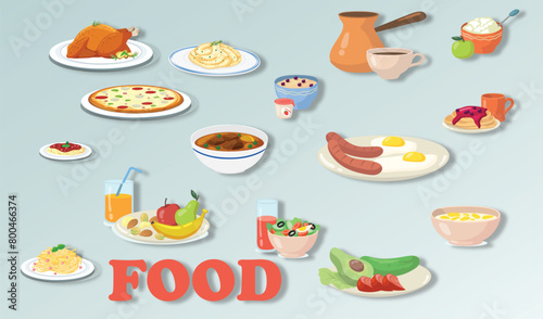 Set of italian  junk and breakfasr with drinks vector illustration