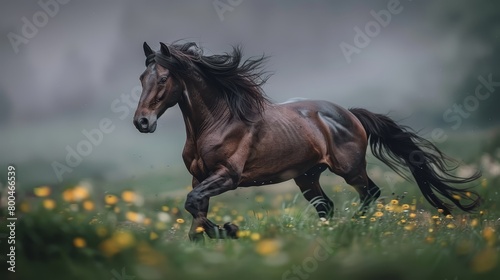   A brown horse gallops through a field of wildflowers on a foggy day