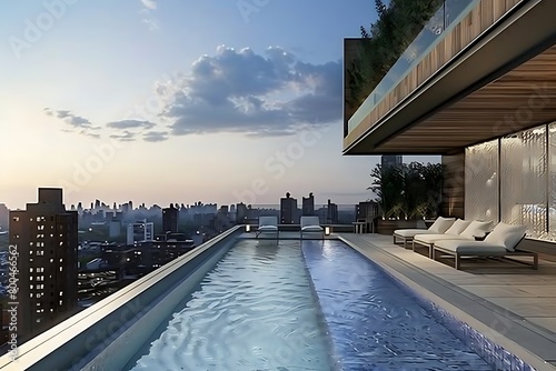 A minimalist rooftop pool with a rectangular design, minimalist lounge chairs, and unobstructed views of the surrounding cityscape, offering a luxurious retreat. photo