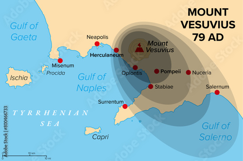 Eruption of Mount Vesuvius in 79 AD, history map. General distribution of ash and pumice. Major stratovolcano in southern Italy buried and destroyed the Roman towns Pompeii, Herculaneum, and others. photo