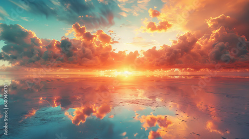 A beautiful sunset over a calm ocean with a reflection of the sun on the water © ART IS AN EXPLOSION.