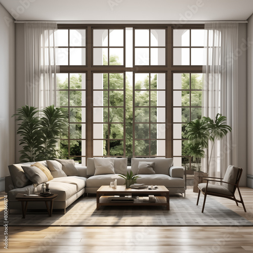 modern living room with a window, Living area in modern contemporary style interior design with wooden window frame and sheer with grey furniture tone 3d rendering HD stock photo © Hasnain Arts