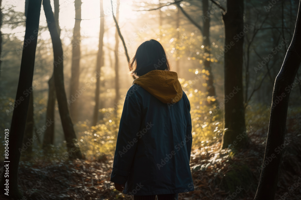 女, 女性, 佇む女性, 後ろ姿, 森, 自然, 森の中, 木漏れ日, woman, female, woman standing, back view, forest, nature, woodland, sunlight through trees 女, 女性, 佇む女性, 後ろ姿, 森, 自然, 森の中, 木漏れ日, woman, female, woman standing, back view, forest, nature, woodland, sunlight through trees