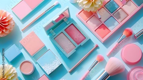 Flat lay composition with decorative cosmetics and flowers on blue background.
