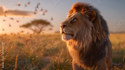   A lion stationed in a field  surrounded by birds in flight above  sunset backdrop