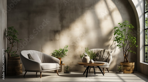 Un grand mur de béton dans un intérieur de style industriel avec une fenêtre ronde, un fauteuil en tissu gris et une table basse en forme de boule, une plante en pot sur le côté droit de la pièce, la  photo