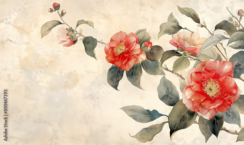 Chinese ink painting blooming camellias flower background, copy space, wealth and splendor, zen, new year, prosperity, Asian calligraphy wallpaper.