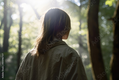                                                                             woman  female  woman standing  back view  forest  nature  woodland  sunlight through trees