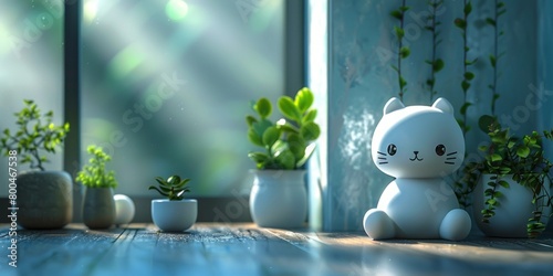 White cat with green plants in the room.