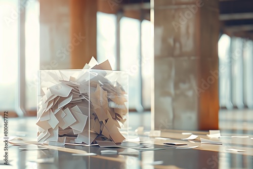 Scattered papers around a transparent ballot box photo