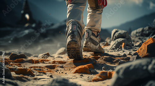 Gros plan du pied d'un astronaute marchant sur une planète. Combinaison spatiale détaillée et chaussures représentées photo