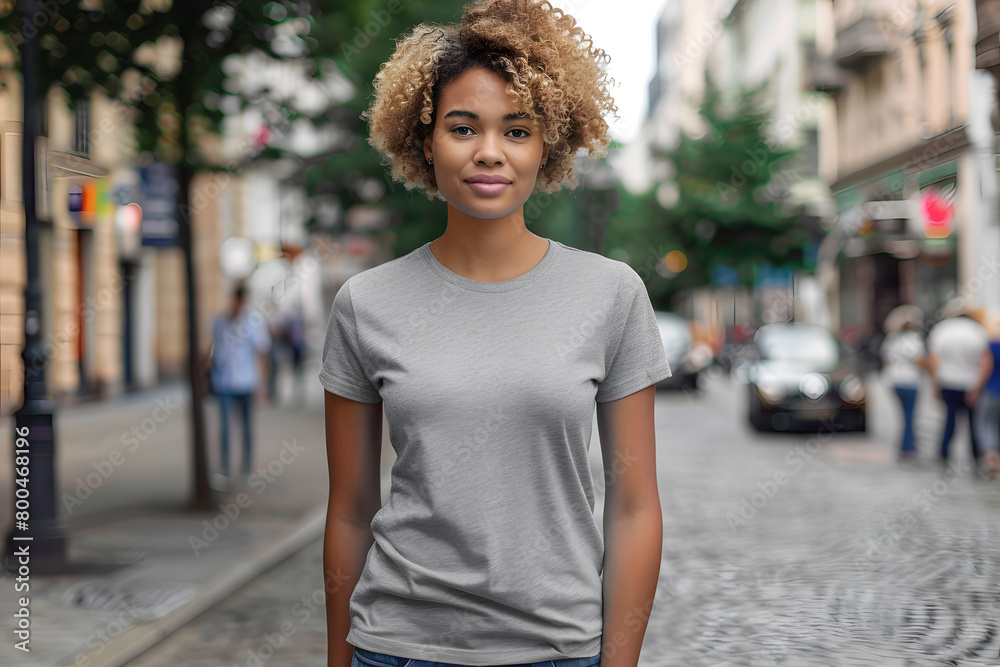 Stylish T-Shirt Mockup on Young Woman Stylish T-Shirt Mockup on Young Woman