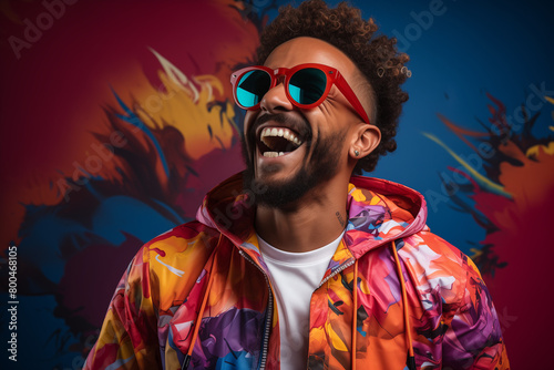 Photo d'un homme cool et heureux vêtu d'un coupe-vent coloré et d'un pantalon bleu posant sur un fond rose, portant des lunettes de soleil avec un sourire heureux et une expression joyeuse sous l'écla