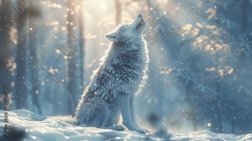 3D rendering of a majestic white wolf seated and howling amidst magical snow.