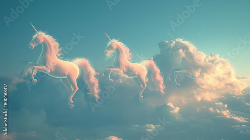 Three mythical unicorns with flowing manes are seen galloping gracefully on clouds against a pastel sky  evoking magic and fantasy
