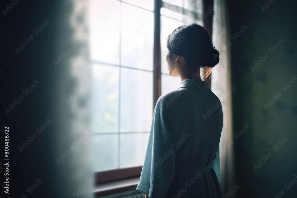 女, 女性, 家, 室内, 窓, 窓際, 佇む女性, 後ろ姿, 外を眺める女性, Woman, female, house, indoor, window, window sill, woman standing, back view, woman looking out 女, 女性, 家, 室内, 窓, 窓際, 佇む女性, 後ろ姿, 外を眺める女性, Woman, female, house, indoor, window, window sill, woman standing, back view, woman looking out