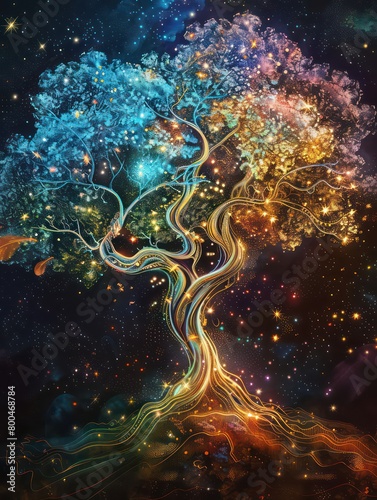 tree of life illustration with star constellations