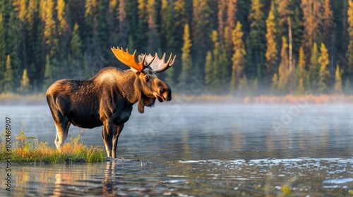  A moose submerged in water, with a large head protruding from its mouth