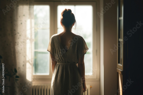 女, 女性, 家, 室内, 窓, 窓際, 佇む女性, 後ろ姿, 外を眺める女性, Woman, female, house, indoor, window, window sill, woman standing, back view, woman looking out photo