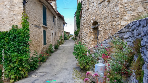 Ancient residential district with historic architecture and charming alleys in a small rural village in the Provence, Provence-Alpes-Cote d'Azur, France. Medieval buildings with Mediterranean flair