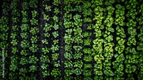 top down view displaying rows of baby plants growing in a field 