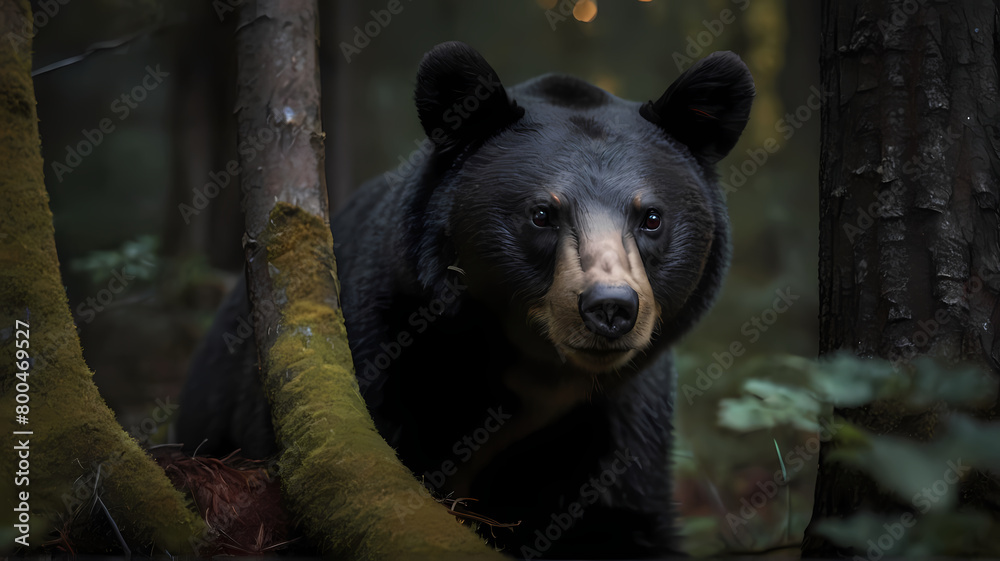 Close-Up Encounter: Black Bear Gazing into Camera in Woods, Generative AI Close-Up Encounter: Black Bear Gazing into Camera in Woods, Generative AI