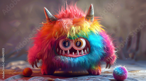 Multi-coloured gradient fluffy furry funny 3D monster