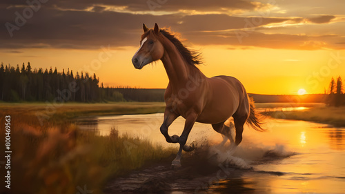 Majestic Brown Horse Galloping Through River at Sunset  Generative AI