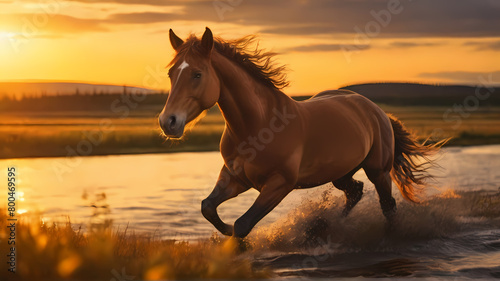 Majestic Brown Horse Galloping Through River at Sunset  Generative AI