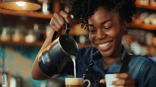 Smiling Barista Pouring Milk into Coffee photo