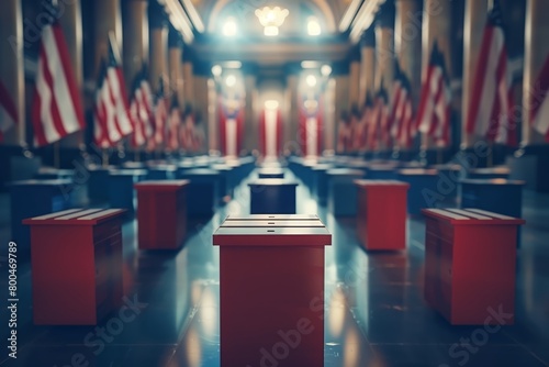 Ballot boxes in flag-adorned room for election