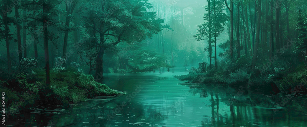 Obraz premium A tranquil teal-colored river winding its way through a lush forest, inviting peaceful contemplation.